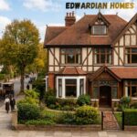 Edwardian-style detached home with timber-framed architecture, brick exterior, landscaped garden, and a tree-lined residential street with period houses.
