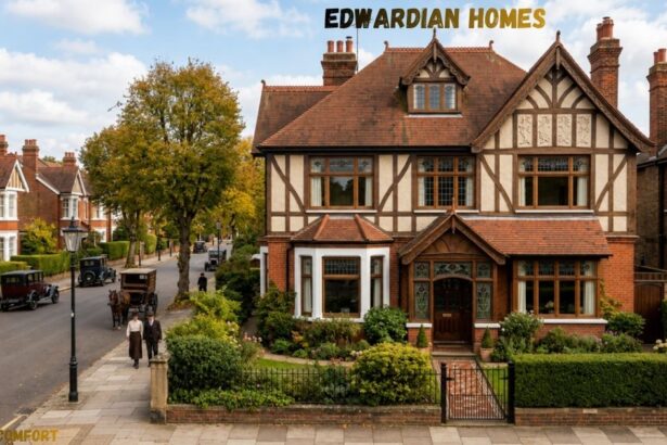 Edwardian-style detached home with timber-framed architecture, brick exterior, landscaped garden, and a tree-lined residential street with period houses.