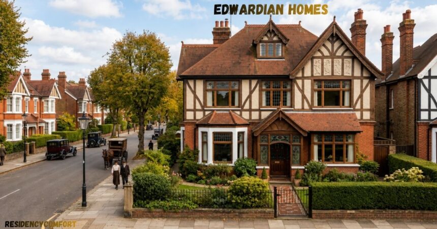 Edwardian-style detached home with timber-framed architecture, brick exterior, landscaped garden, and a tree-lined residential street with period houses.