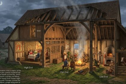 Cross-section diagram of a medieval longhouse showing the internal layout of an open-plan hall, central hearth, and attached stable.