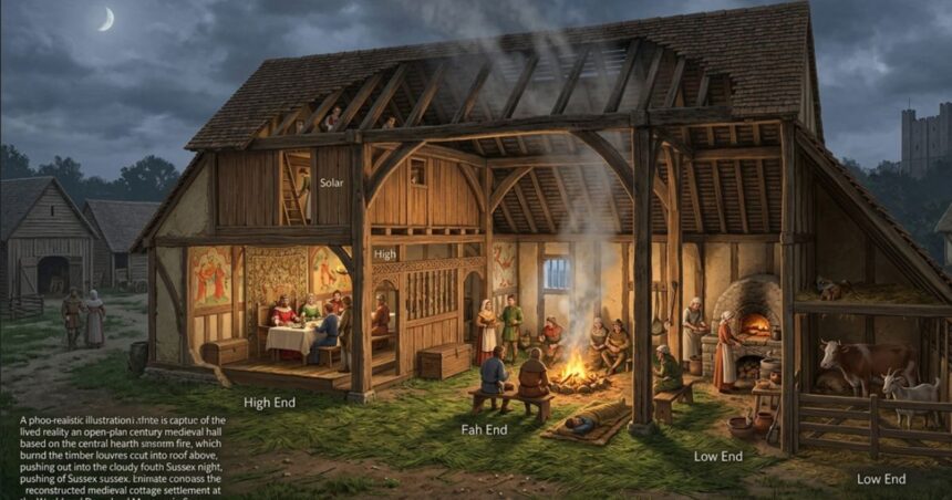 Cross-section diagram of a medieval longhouse showing the internal layout of an open-plan hall, central hearth, and attached stable.