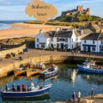 "Seahouses Town harbour with fishing boats, seaside buildings, sandy beach, and a castle overlooking the coast."
