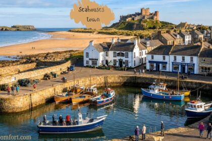 "Seahouses Town harbour with fishing boats, seaside buildings, sandy beach, and a castle overlooking the coast."