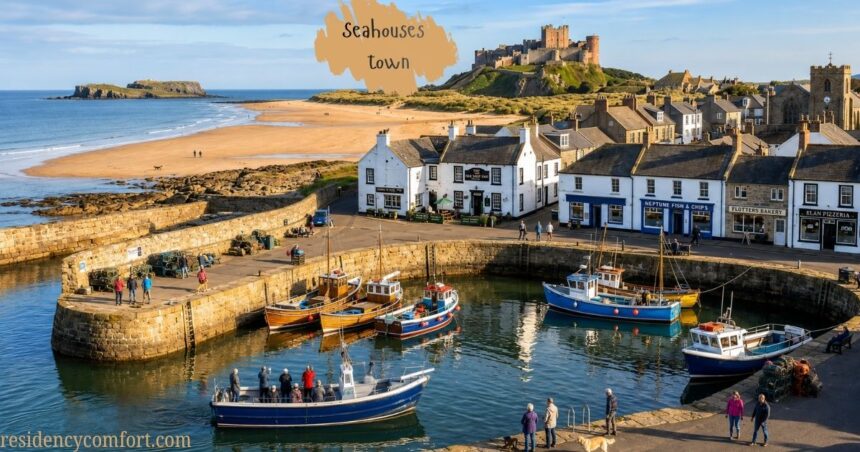 "Seahouses Town harbour with fishing boats, seaside buildings, sandy beach, and a castle overlooking the coast."