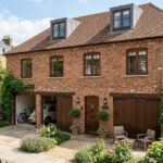 The Old Coach House, a restored brick heritage home with wooden garage doors, landscaped garden, and traditional architectural charm.