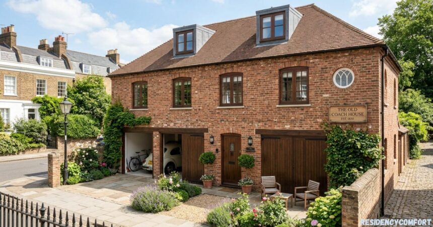 The Old Coach House, a restored brick heritage home with wooden garage doors, landscaped garden, and traditional architectural charm.