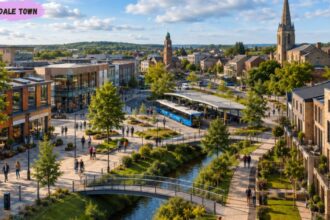 Modern town centre with landscaped waterways, pedestrian bridges, green spaces, public transport, and contemporary buildings under a bright blue sky.