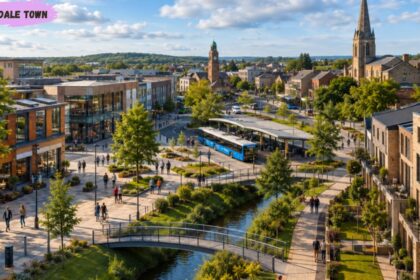 Modern town centre with landscaped waterways, pedestrian bridges, green spaces, public transport, and contemporary buildings under a bright blue sky.