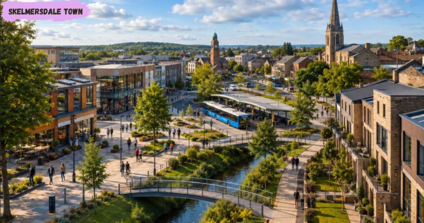 Modern town centre with landscaped waterways, pedestrian bridges, green spaces, public transport, and contemporary buildings under a bright blue sky.