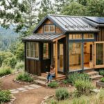 A rustic tiny house with solar panels, a small porch, and a raised garden bed in a forest clearing.