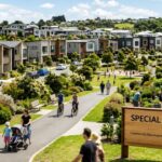 A modern special housing area neighborhood with landscaped greenery, walking paths, families, cyclists, and contemporary homes under a bright blue sky.