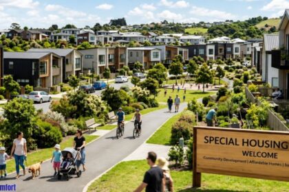 A modern special housing area neighborhood with landscaped greenery, walking paths, families, cyclists, and contemporary homes under a bright blue sky.