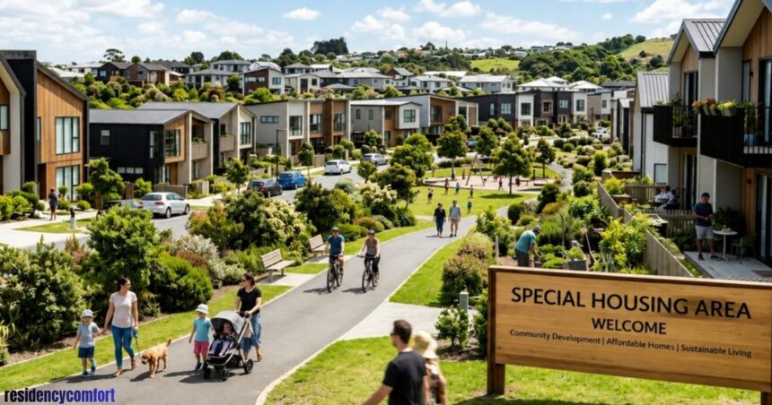 A modern special housing area neighborhood with landscaped greenery, walking paths, families, cyclists, and contemporary homes under a bright blue sky.