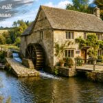 Old mill house beside a flowing river with a historic waterwheel, stone bridge, colorful gardens, and a scenic countryside walking path.