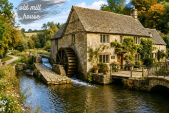 Old mill house beside a flowing river with a historic waterwheel, stone bridge, colorful gardens, and a scenic countryside walking path.