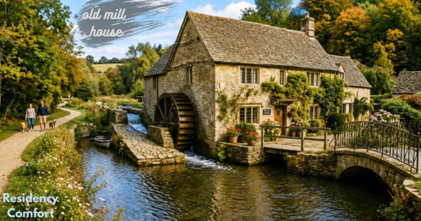 Old mill house beside a flowing river with a historic waterwheel, stone bridge, colorful gardens, and a scenic countryside walking path.