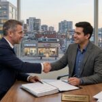 Commercial lease handshake in a modern office.
