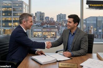 Commercial lease handshake in a modern office.