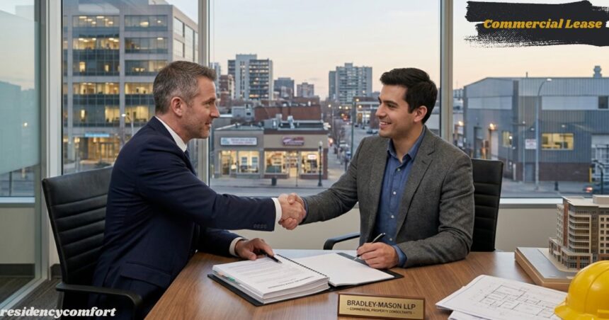 Commercial lease handshake in a modern office.