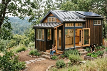 A rustic tiny house with solar panels, a small porch, and a raised garden bed in a forest clearing.
