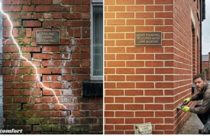 Before and after home pointing showing damaged brickwork repaired with fresh mortar and restored wall strength.