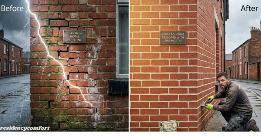 Before and after home pointing showing damaged brickwork repaired with fresh mortar and restored wall strength.