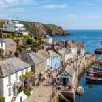 Traditional Cornwall houses overlooking a picturesque coastal harbor with fishing boats and scenic sea views.