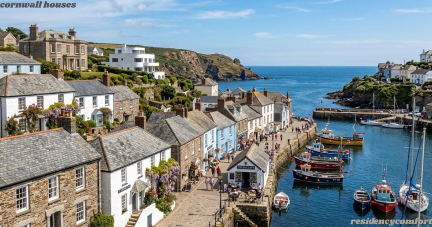Traditional Cornwall houses overlooking a picturesque coastal harbor with fishing boats and scenic sea views.