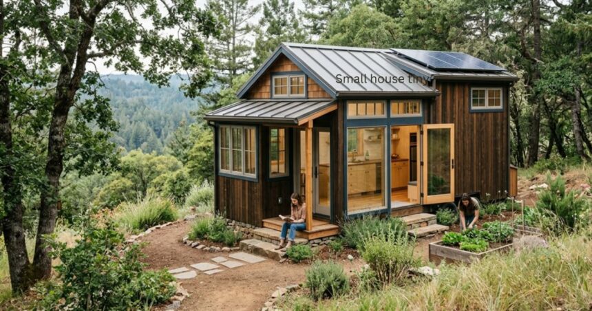 A rustic tiny house with solar panels, a small porch, and a raised garden bed in a forest clearing.
