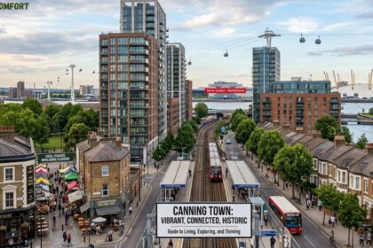 Canning Town skyline with modern apartment towers, train station, cable cars, and riverside homes in East London.