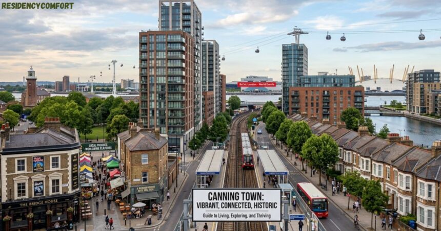 Canning Town skyline with modern apartment towers, train station, cable cars, and riverside homes in East London.