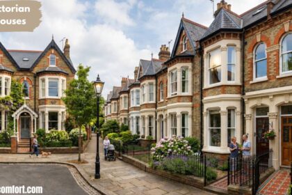 Row of Victorian houses on a quiet residential street with ornate brick facades, bay windows, flower-filled gardens, pedestrians walking and chatting, and a clear sky above.