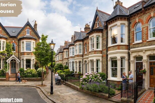 Row of Victorian houses on a quiet residential street with ornate brick facades, bay windows, flower-filled gardens, pedestrians walking and chatting, and a clear sky above.
