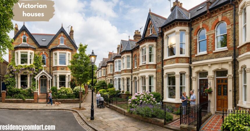 Row of Victorian houses on a quiet residential street with ornate brick facades, bay windows, flower-filled gardens, pedestrians walking and chatting, and a clear sky above.