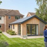 A professional holding floor plans discusses a 40ft x 20ft modern timber garden annex building with a homeowner in a backyard garden.