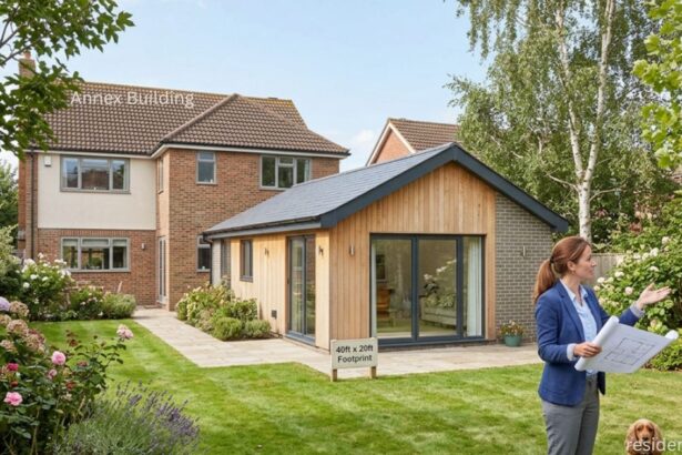 A professional holding floor plans discusses a 40ft x 20ft modern timber garden annex building with a homeowner in a backyard garden.