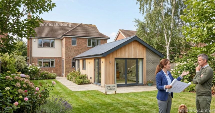 A professional holding floor plans discusses a 40ft x 20ft modern timber garden annex building with a homeowner in a backyard garden.