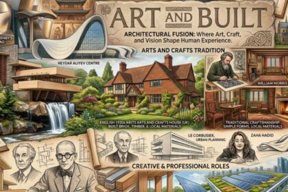 Art and architecture collage with famous architects and buildings.