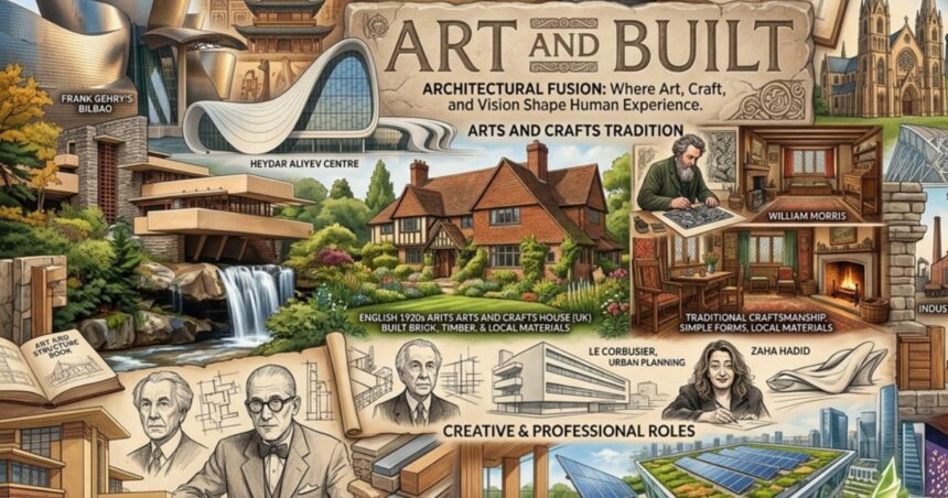Art and architecture collage with famous architects and buildings.