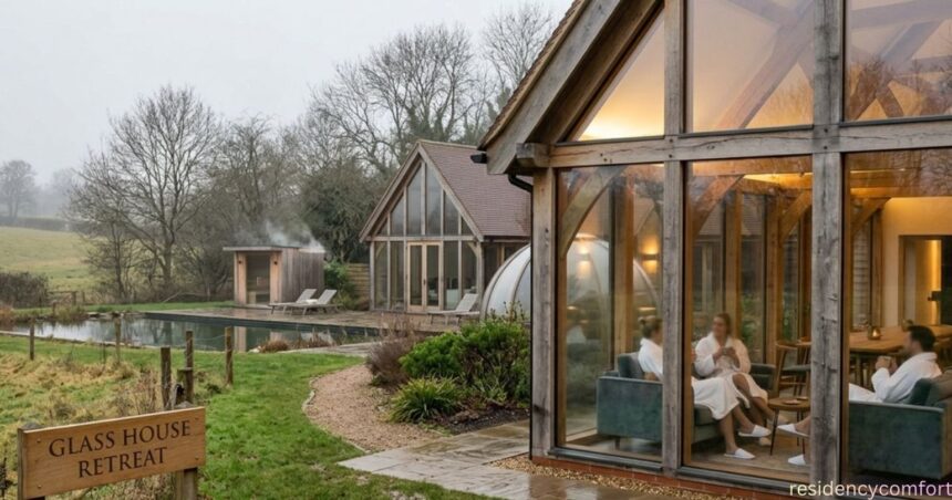 Glass house retreat in a countryside setting with modern cabins, people relaxing indoors, and a peaceful natural landscape with a pond and greenery.