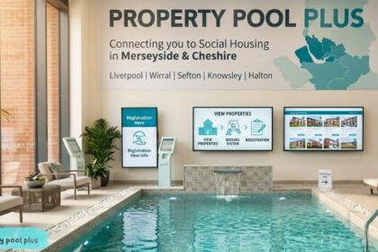 Property Pool Plus social housing center with indoor pool and digital property displays.