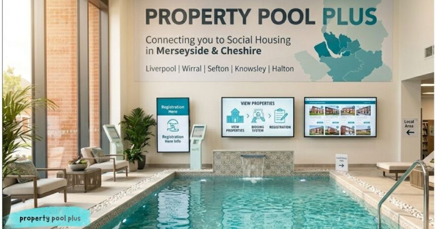 Property Pool Plus social housing center with indoor pool and digital property displays.