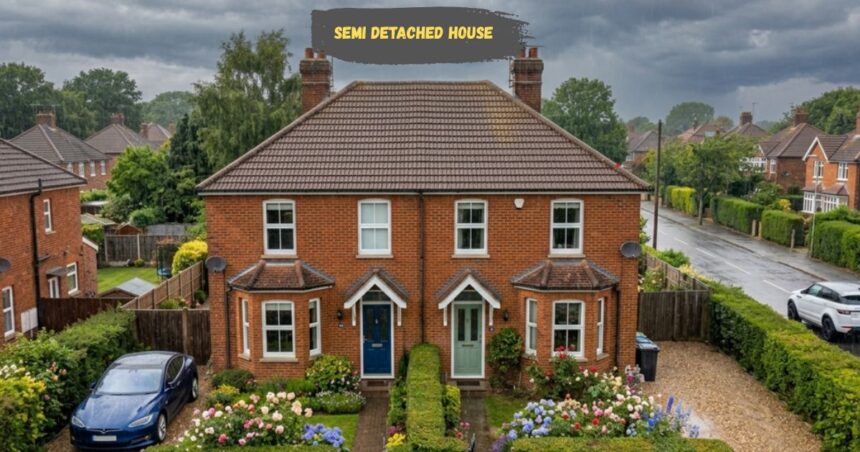 Semi-detached brick house with front garden and driveway.