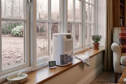 Small white dehumidifier on a wooden windowsill next to foggy windows with condensation.
