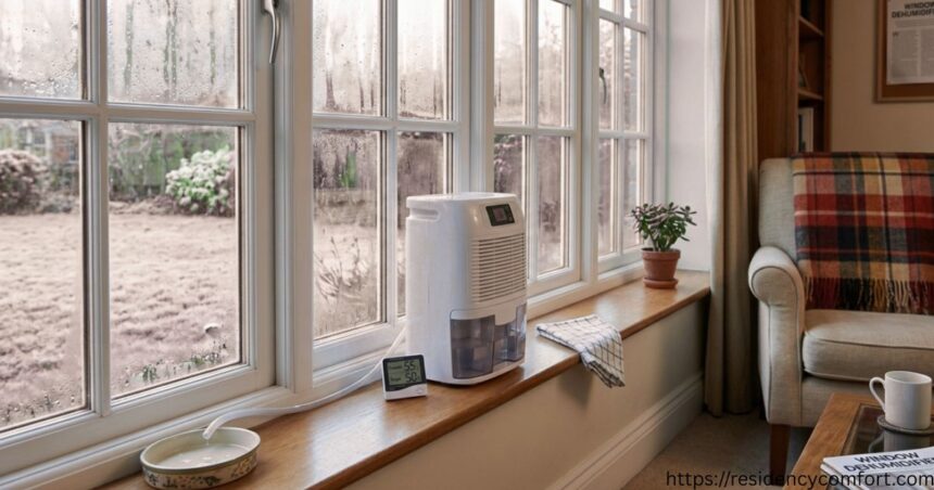 Small white dehumidifier on a wooden windowsill next to foggy windows with condensation.