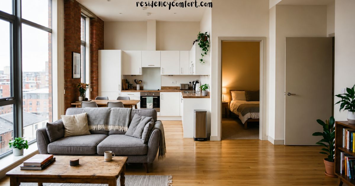 Modern 1 bedroom apartment with an open-plan living room, fully equipped kitchen, cozy bedroom, large windows, wooden flooring, and bright minimalist interior.