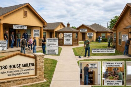 Residents gather outside 180 House Abilene, a sober living community with shared housing, peer support, and structured recovery programs.