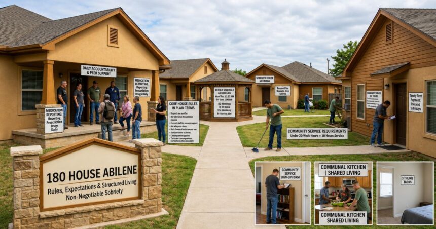Residents gather outside 180 House Abilene, a sober living community with shared housing, peer support, and structured recovery programs.