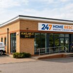 247 Home Rescue office building with branded service vans parked outside, showcasing emergency home repair, boiler cover, and property maintenance services.