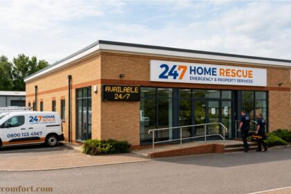 247 Home Rescue office building with branded service vans parked outside, showcasing emergency home repair, boiler cover, and property maintenance services.